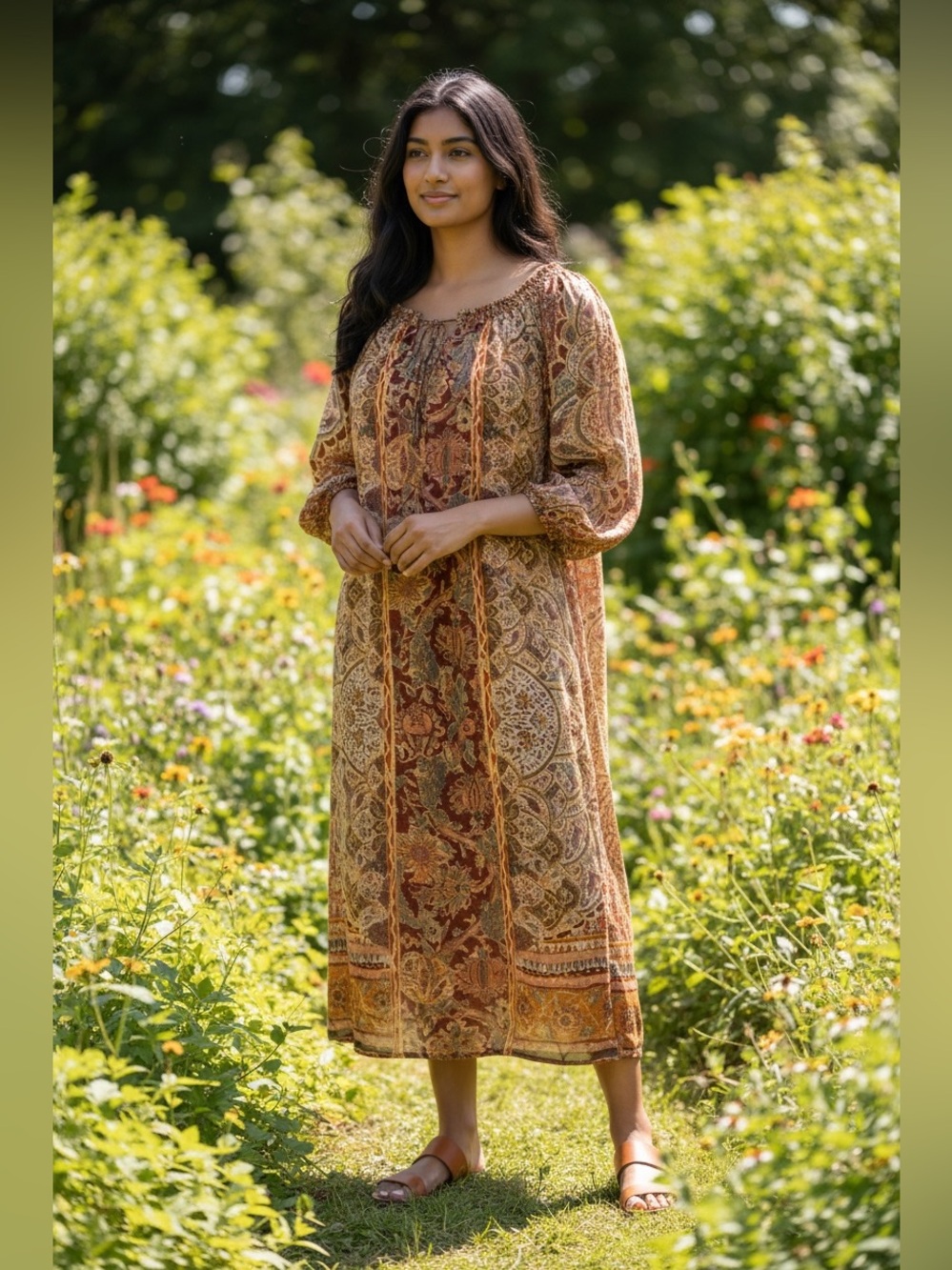 Zara Womens Caftan Midi Dress Size Small Paisley Like Print Orange Rust Boho